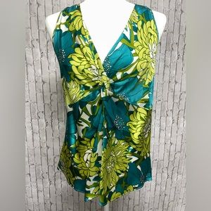 Ann Taylor Teal/Lime Silk Sleeveless Blouse. Beautiful crossed front. Sz. 6